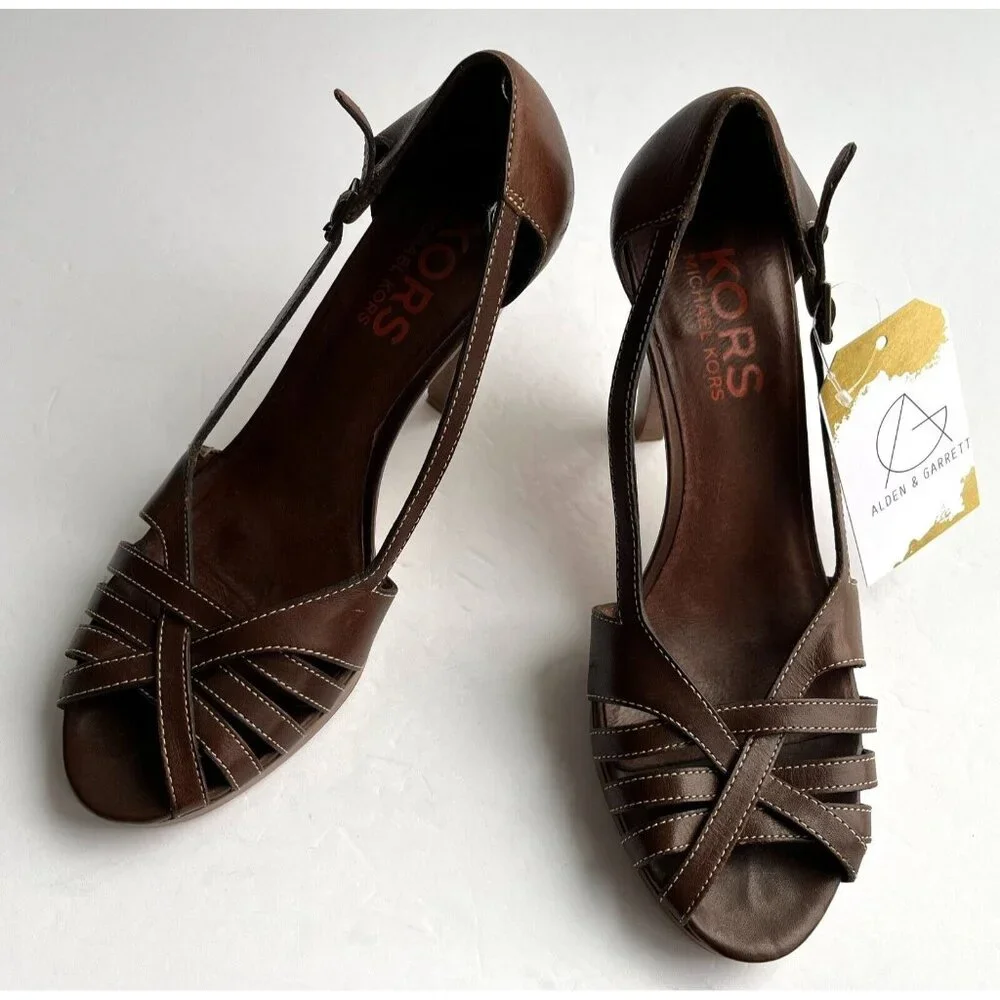 Michael Kors Brown Woven Strappy Wooden Heels, Size 8 (US)